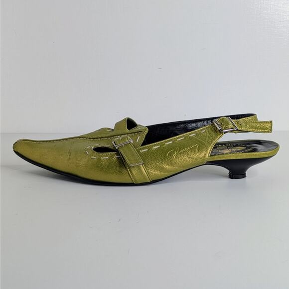 John Fluevog Kitten Heel Slingbacks 10 Green Metallic Leather Statement Shoes - Picture 12 of 16